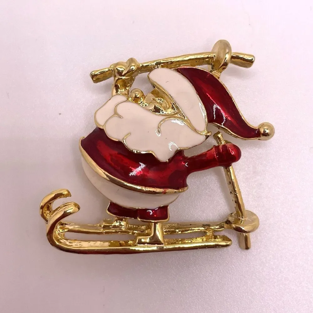 Christmas Brooches Pins Set of 3 Snowmen Santa Red White Blue Enamel Clay Resin